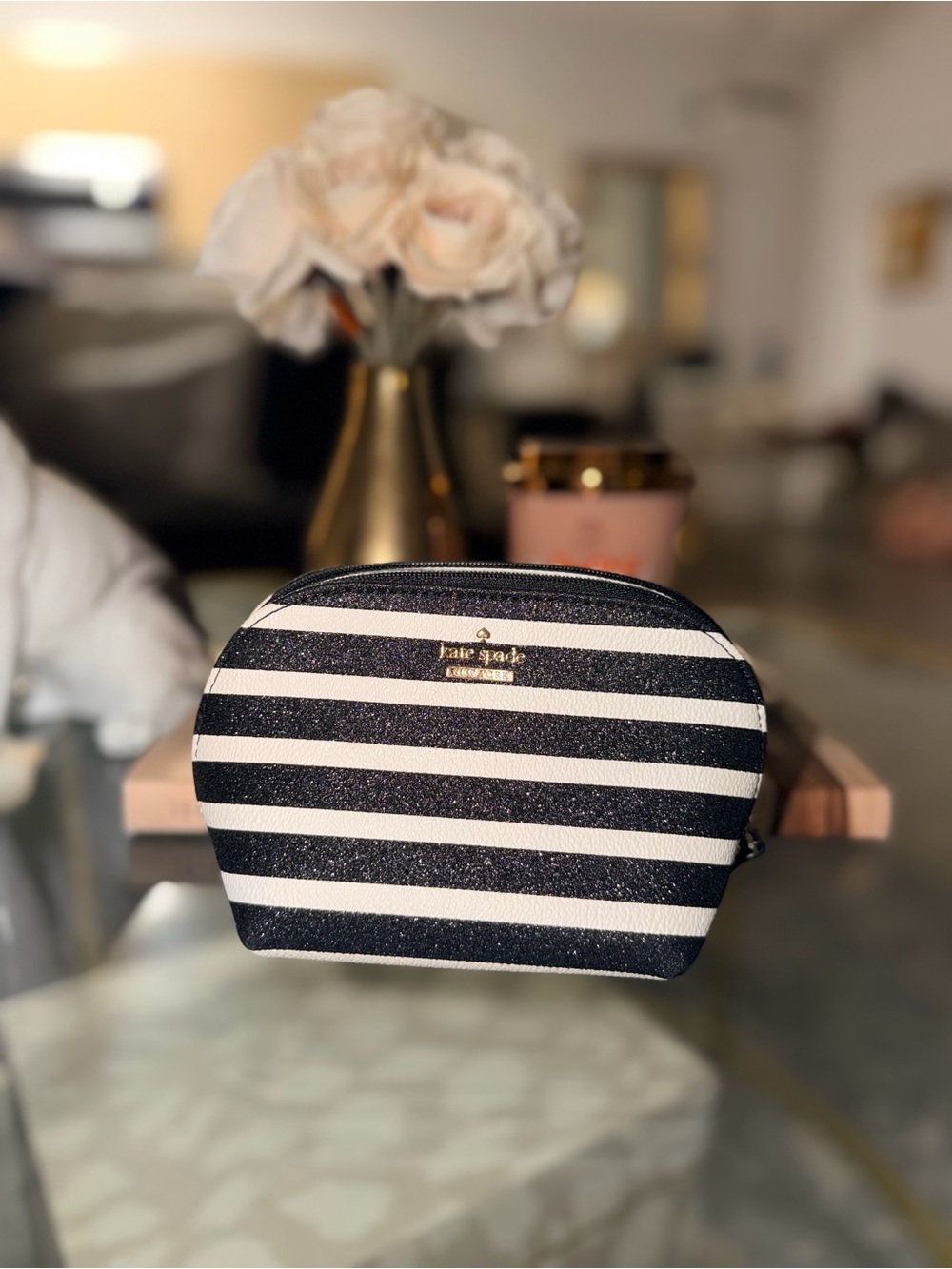 kate spade Black and White Striped Glitter Cosmetic Pouch